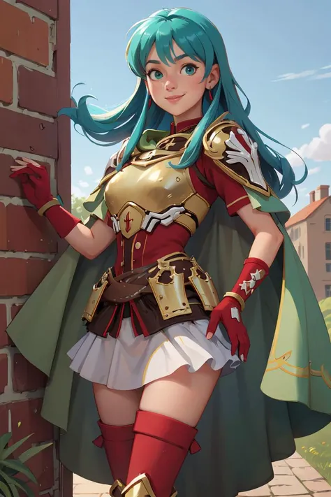 smile,<lora:eirikaV2:0.85>,def_eirika,armor,skirt,thighhighs,gloves,breastplate,green cape,zettai ryouiki,jewelry,boots,fingerless gloves,looking at viewer,earrings,white skirt,red footwear,thigh boots,sidelocks,shoulder armor,short sleeves,red gloves,red ...