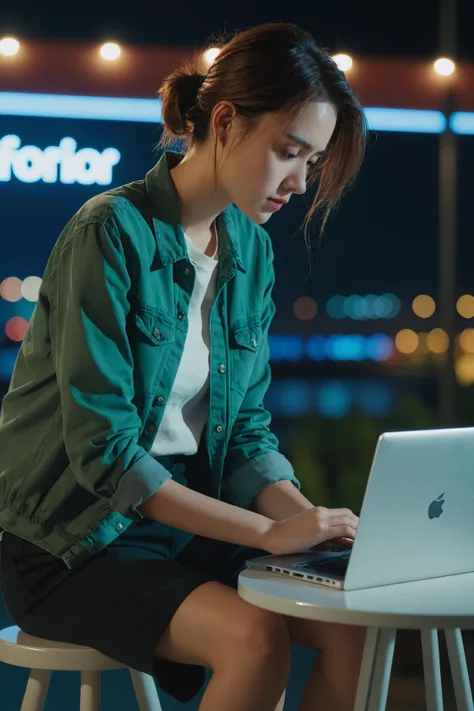 woman sitting on a stool using a laptop computer at night