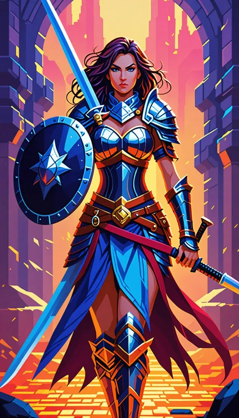 Pixel art of a fierce female warrior with a sword and shield in a fantasy setting, featuring vibrant colors, dynamic lighting, and a dramatic, epic mood