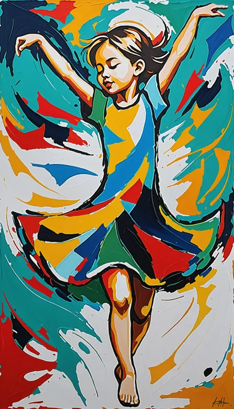 abstract expressionist painting of a dancing child. energetic brushwork, bold colors, abstract forms, expressive, emotional