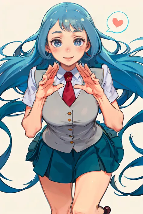 <lora:kuroboshi_kouhaku_style_v01:1> <lora:hadou_nejire:0.9> bbnejire, blue eyes, blue hair, long hair, large breasts, u.a. school uniform, gray vest, red necktie, collared shirt, white shirt, short sleeves, green skirt, blue skirt, (black socks:1.2), loaf...