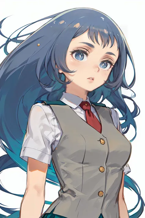 <lora:kuroboshi_kouhaku_style_v01:1> <lora:hadou_nejire:0.9> bbnejire, blue eyes, blue hair, long hair, large breasts, u.a. school uniform, gray vest, red necktie, collared shirt, white shirt, short sleeves, green skirt, blue skirt, (black socks:1.2), loaf...