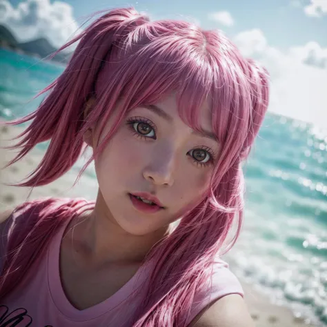 <lora:Aya_V1:0.8> maruyama aya, pink hair, pig tails, closeup headshot, a gorgeous woman, on a (beach:1.2), wearing a (t-shirt:1.2), (8k, RAW photo, best quality, depth of field, ultra high res:1.2), (absurdres, intricate, photorealistic, masterpiece, ultr...