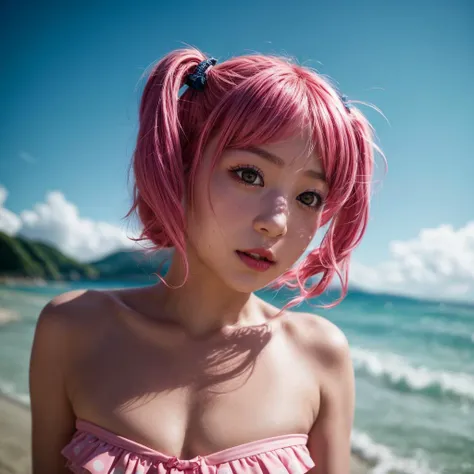 <lora:Aya_V1:0.8> maruyama aya, pink hair, pig tails, perfect, portrait , hyper detailed, amazing background, highly defined details 32k UHD, lifelike photo, strapless sundress on a beach, realistic, harsh sunlight, beautiful composition, sharp focus, high...