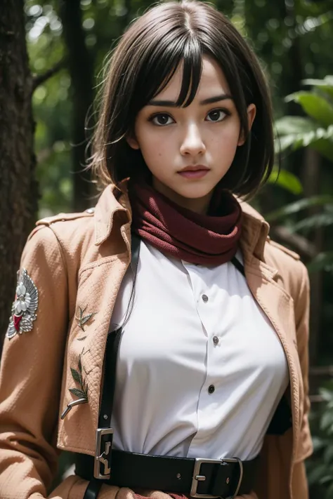 ultra realistic 8k cg, masterpiece, ((ultra detailed background, delicate pattern, intricate detail)), (highly detailed, fine details), best quality, 1girl, (photorealistic:1.4),beautiful lighting,  absurdres, outdoors, mikasa ackerman, shingeki no kyojin,...