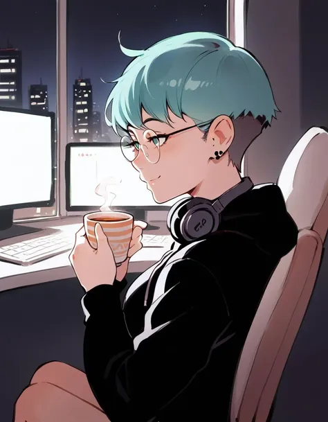 anime boy with blue hair drinking coffee in front of a computer