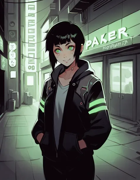 anime girl in a black jacket standing in a city street