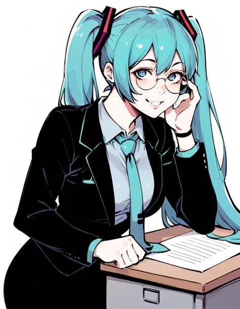 anime girl with blue hair and glasses sitting at a desk