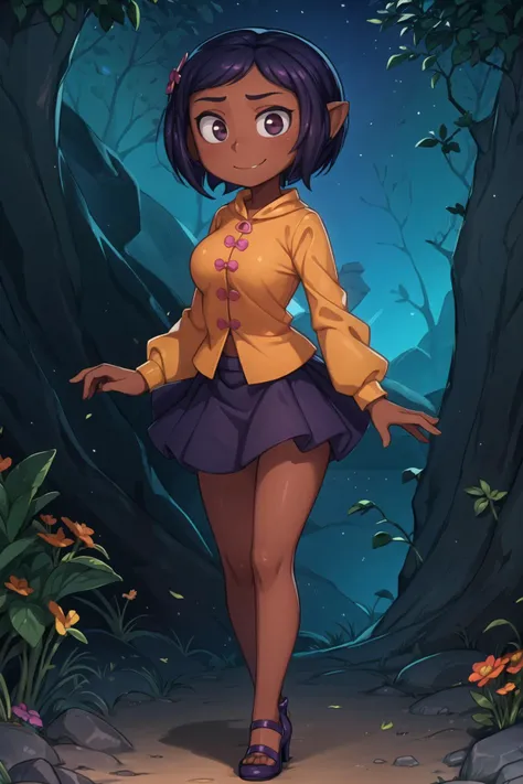 a cartoon girl in a yellow jacket and purple skirt standing in a forest