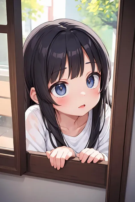 anime girl looking out window with blue eyes