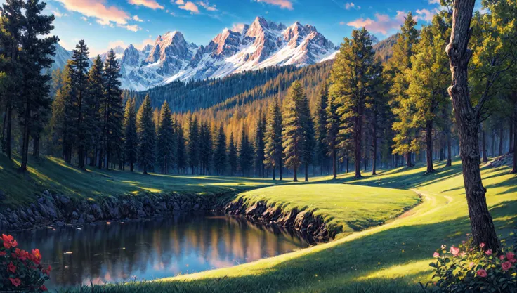 a painting of a golf course with a mountain in the background