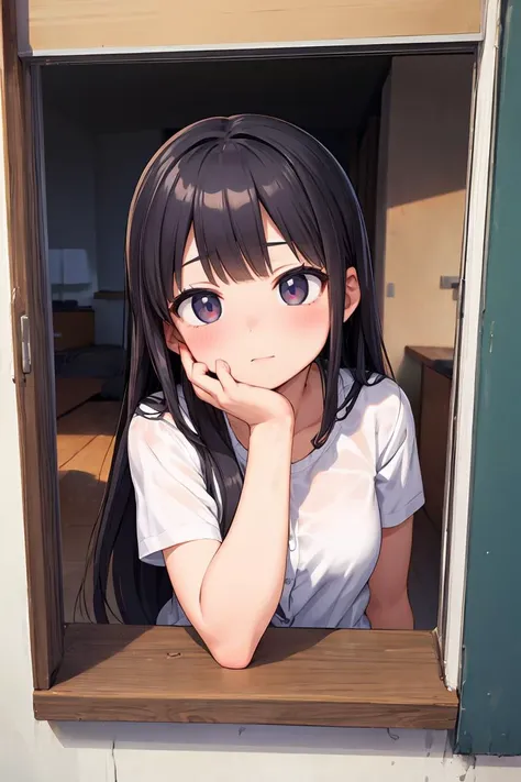 anime girl looking out of window with her hand on her chin