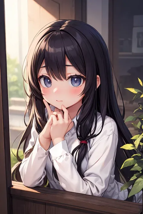 anime girl with long black hair looking out of window