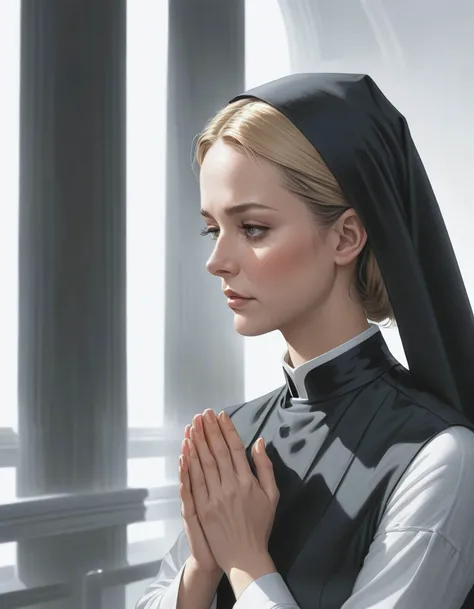 portrait of a beautiful nun praying in church, very detailed