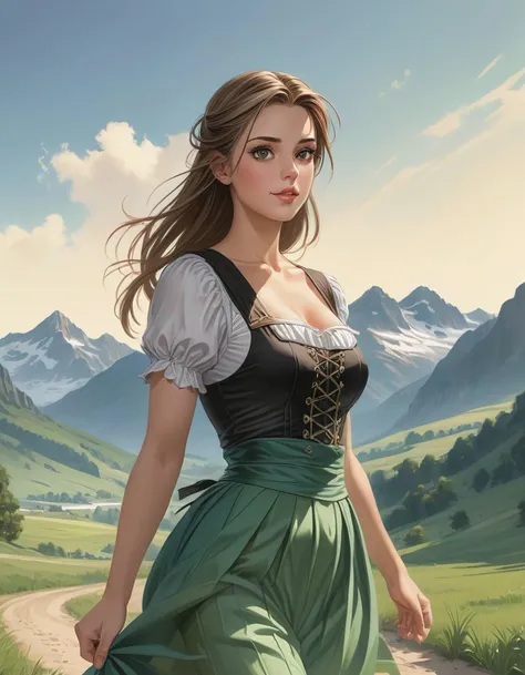 a beautiful woman with long straight hair wearing a dirndl in 90s vintage anime style, very detailed, austrian alps