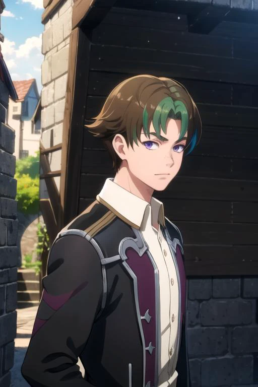 masterpiece, best quality, game cg, 1boy, solo, male focus, looking at viewer, upper body, , ligne claire, realistic, <lora:lumbar_dorn:0.68>, lumbar_dorn, brown hair, purple eyes, green hair, multicolored hair, two-tone hair, short hair, burglar costume, ...