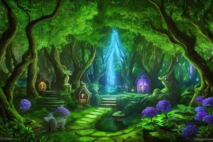 enchanted mystical village in a forest, well lit, colorful