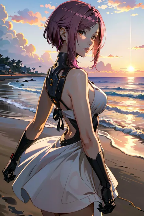 ((ultra detailed, masterpiece, absurdres))
<lora:CyberSongbird:0.9>
CyberSongbird, 1girl, mechanical parts, asymmetrical hair, pink hair, brown eyes, on a beach during a vibrant sunset, sundress, playing with the waves