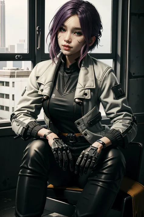 (masterpiece, best quality, highres:1.3)
 <lora:CyberSongbird:0.8>
CyberSongbird, mechanical parts, asymmetrical hair, 1girl, solo, sitting, cyberpunk, white jacket, black pants