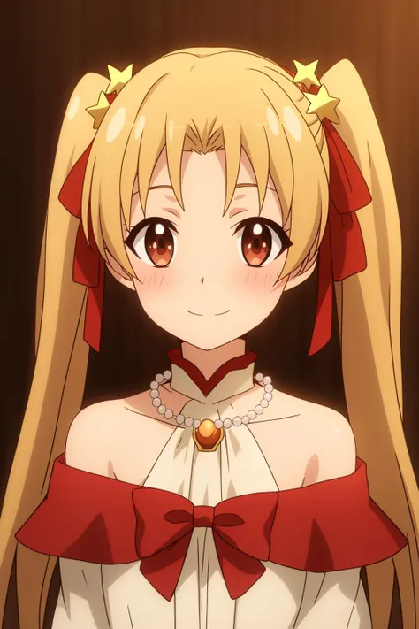 sherry,  1girl, solo, long_hair, looking_at_viewer, blush, smile, blonde_hair, brown_hair, hair_ornament, red_eyes, dress, bow, ribbon, bare_shoulders, twintails, brown_eyes, jewelry, closed_mouth, collarbone, hair_ribbon, upper_body, necklace, off_shoulde...