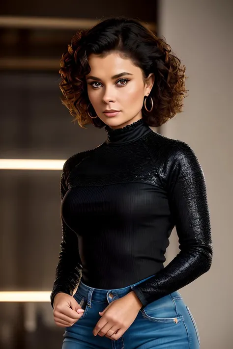 photo of beautiful young (jb4dler80s-140:0.99), a woman, short curly hair upsweep updo, (tight long sleeve top:1.2), (long jeans), in a department store, natural light, (masterpiece:1.2) (photorealistic:1.2) (best quality) (detailed skin:1.2) (intricate de...