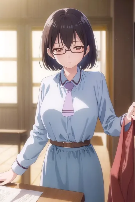 kasuminomura, <lora:kasumi nomura s1-lora-nochekaiser:1>,
kasumi nomura, short hair, black hair, glasses, semi-rimless eyewear, (brown eyes:1.5),
BREAK dress, school uniform, necktie, belt,
BREAK indoors, classroom,
BREAK looking at viewer, (cowboy shot:1....