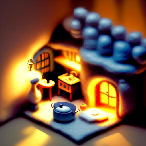 miniwool style of a isometric render of the kitchen interior of a scary village house at dusk game art, by greg rutkowski