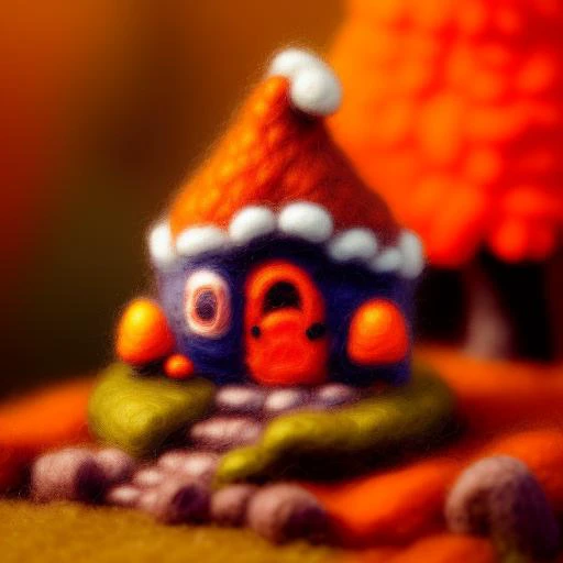 miniwool style of a cute fairy house in an orange autumnal enchanted forest, by greg rutkowski, trending on artstation, oil pain...