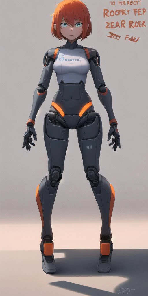 koutetu yarou, original, absurdres, highres, (1girl:1.3), aqua eyes, cyborg, english text, full body, orange hair,  humanoid robot, joints, looking at viewer, mechanical arms, no feet, robot, robot joints, shadow, short hair, simple background, solo, stand...