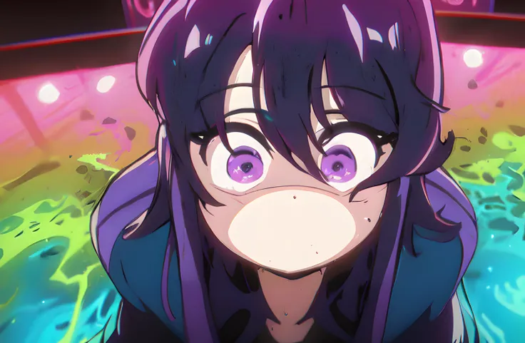 masterpiece, best quality, 1 girl, komi shouko, purple eyes, purple dark hair, random hair length, (no mouth, big eyes:1.2), profiles, faded anime screenshot, from above, 80s neon coloured street clothing,  upper body, on the dancefloor at a nightclub, dan...