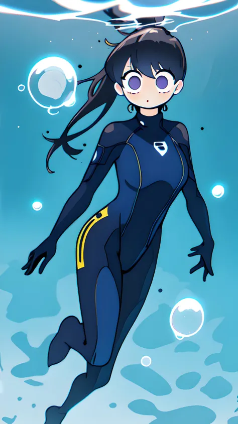 high res, 1girl, solo, komi shouko, tall, skinny, (no nose, big eyes), ponytail, wearing wetsuit, rebreather, oxygen tank, underwater, murky deep water, floating bubbles, swimming pose,  <lora:komi_shouko:1>,  <lora:flat_illustration:0.4>