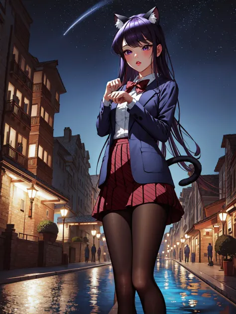 (masterpiece:1.2, best quality:1.1, highres,absurdres, high quality),(photorealistic:1.1),reflected light, colorful,ultra-detailed,8k, ultra hd, super detailed,
komi shouko, 1girl, solo,purple eyes, (black pantyhose):1.2,(small breasts):1.2, blazer, blue j...