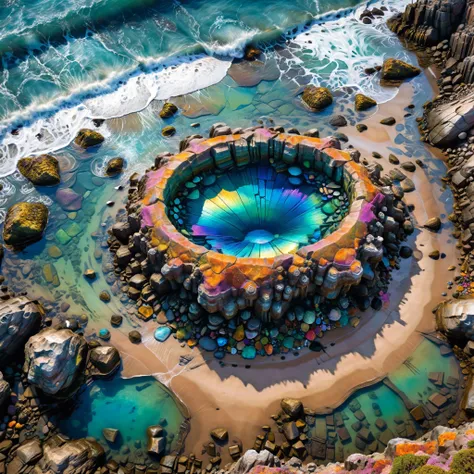 aerial view of a colorful circular pool on a beach