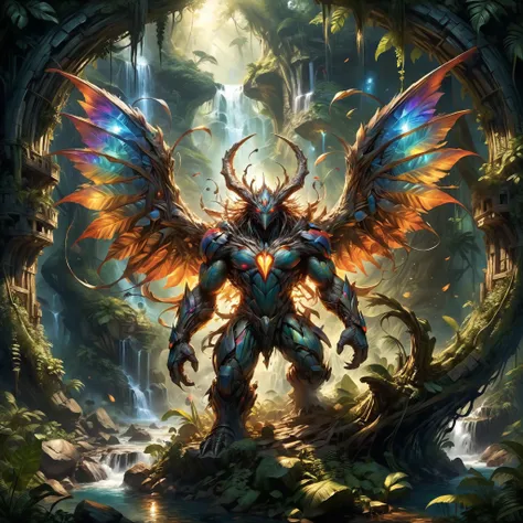 a digital painting of a demon with wings and a waterfall in the background