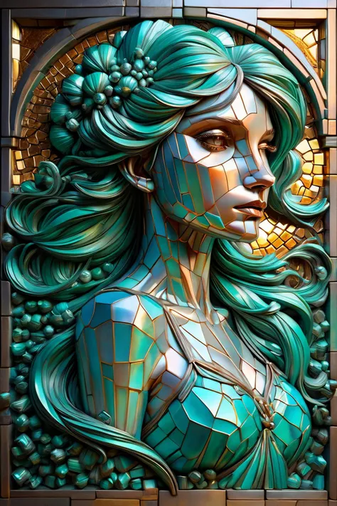 mural of a woman in the style of alphonse mucha made of separate tiles, bright teal neon light shines through the tiles, 3d textures, 3d blocks, 3d shadows <lora:ral-bismut:1> ral-bismut <lora:add-detail-xl:1>, (masterpiece:1.2), best quality, (hyperdetail...