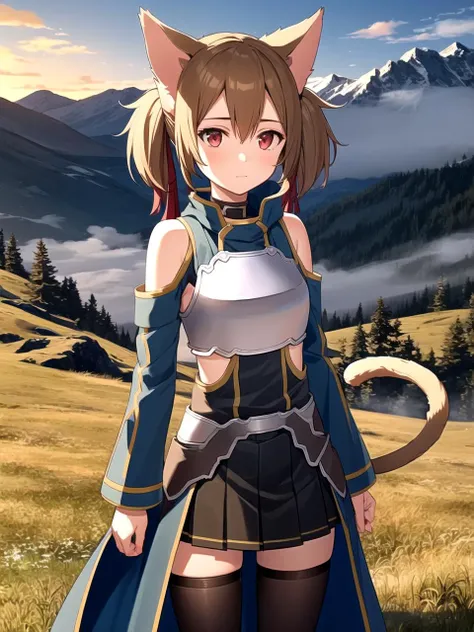 masterpiece, best quality, 1girl, solo, silicaalo, brown hair, short twintails, red eyes, cat ears, cat tail, armor, pleated skirt, thighhighs, bare shoulders, breastplate, standing, outdoors, mountain pass, twilight, fog, detailed background, cowboy shot
...