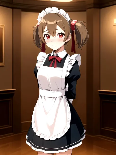 masterpiece, best quality, 1girl, solo, dssilica, brown hair, short twintails, red eyes, maid, maid apron, maid headdress, standing, indoors, luxury manor, detailed background, cowboy shot, arms behind back, embarrassed
 <lyco:dssilica_lc:1>