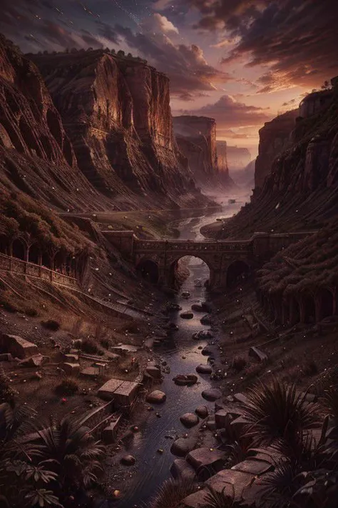 a painting of a river running through a canyon with rocks and trees