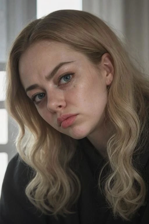 sfw, award winning film still conveying a sense of heavy loss and grief, unusual angle view, photo facial portrait of a sad girl ressembling Emma Stone, forced to wear a black hijab, platinum blond wavy curly wild hair, (big round eyes), (pouty mouth:1.2),...