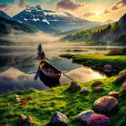 8k breathtaking view of a shored Viking Boat laying on grass, Njardar (Sognefjord) , milky haze, morning lake mist, masterpiece, award-winning, professional, highly detailed in yvonne coomber style, undefined