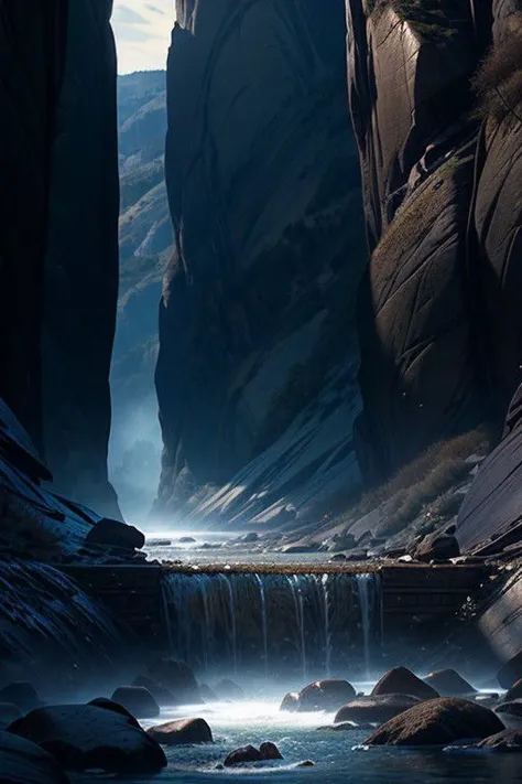 there is a waterfall flowing through a narrow canyon in the mountains