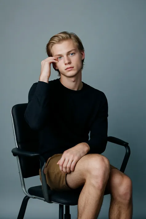 RAW photo, film grain, sitting on chair, (young man), short golden-blonde hair, blue eyes, hand on head, simple black background,