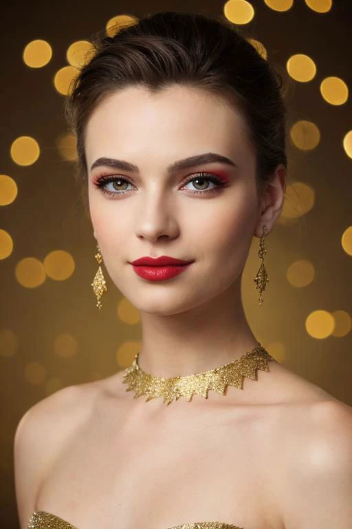 (masterpiece, best quality:1.4),thin lips,(Bright red lipstick:0.75),beauty,half top,realistic skin details visible,make up for festive party, gold ,bokeh background ,