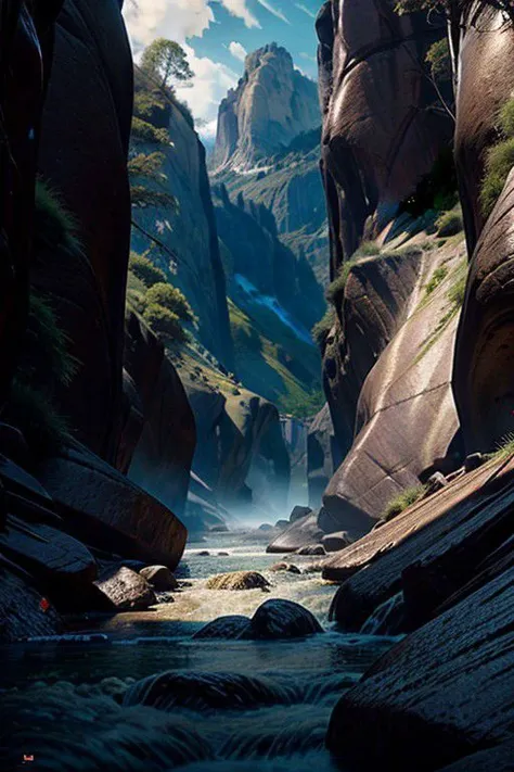 arafed view of a river running through a canyon with rocks and trees