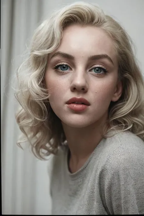 sfw, award winning film still conveying a sense of delightful surprise, unusual angle view, photo facial portrait of a ravishing young irish girl ressembling Marilyn Monroe, platinum blond wavy curly wild hair, (big round eyes), (o mouth), brows lift up, w...