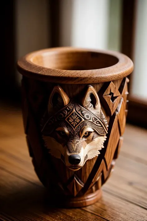 Photo of artistic wood cup with 3D carvings, little wolf theme with forest background, decorated with amber accents, masterpiece of art, visually stunning, intricate details, sharp focus, 55mm f/ 1.8 lens, depth of field, natural daylight