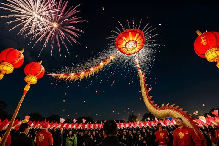 fireworks and lanterns are lit up in the sky as people watch