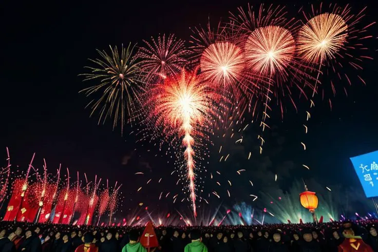 fireworks are lit up in the sky above a crowd of people