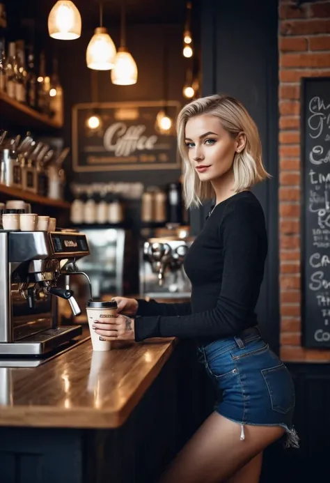 professional, (4k photo:1.1) , (Sharp focus:1.3), high detail, hourglass body shape, ,skinny girl, blonde hair, punk haircut, medium breasts, thin, petite, slender, very long legs, 
blue eyes, 
,((The Charming Barista, Behind the coffee bar, she crafts dri...