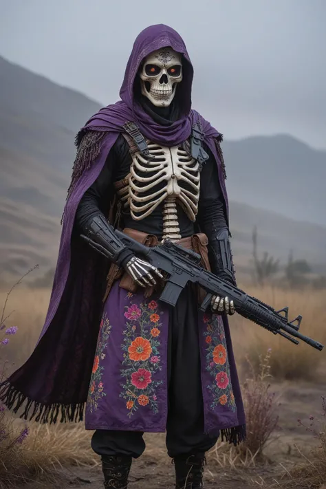 suzani style, central asian embroidery, floral, colorful, patterned in the depths of a purple lit, foggy landscape, a skeleton warrior stands tall, wielding a formidable assault rifle. the skeleton, clad in dark attire, features glowing eyes that pierce th...